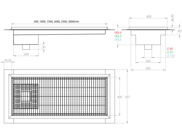 Griglia a pavimento inox con vasca e sifone, dimensioni 150mm x 500mm - 3000mm x Ø50mm / Ø75mm orizzontale/verticale CARRABILE ANTISCIVOLO con FLANGIA per IMPERMEABILIZZAZIONE