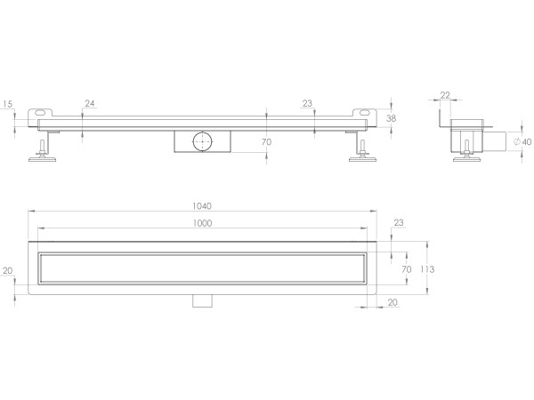 Canalina di scarico A PARETE per installazione in CERAMICA, dimensioni: 1000(l) x 70(w) x 70(h) mm INOX