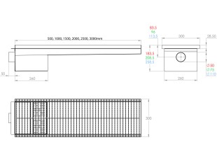 Griglia a pavimento inox con vasca e sifone, dimensioni 150mm x 500mm - 3000mm x Ø50mm / Ø75mm orizzontale/verticale CARRABILE ANTISCIVOLO