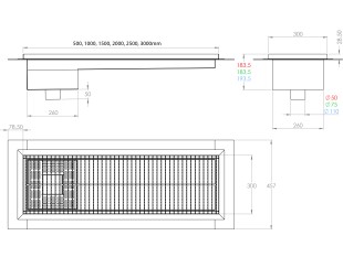 Griglia a pavimento inox con vasca e sifone, dimensioni 150mm x 500mm - 3000mm x Ø50mm / Ø75mm orizzontale/verticale CARRABILE ANTISCIVOLO con FLANGIA per IMPERMEABILIZZAZIONE