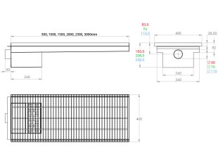 Griglia a pavimento inox con vasca e sifone, dimensioni 150mm x 500mm - 3000mm x Ø50mm / Ø75mm orizzontale/verticale CARRABILE ANTISCIVOLO
