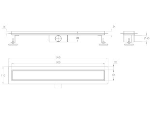 Canalina di scarico per doccia per installazione in CERAMICA, dimensioni: 500(l) x 70(w) x 70(h) mm INOX