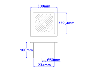 Sifone a pavimento con coperchio di 5mm  MODELLO FORATO (CARRABILE) 300x300x100mm INOX Ø50mm verticale