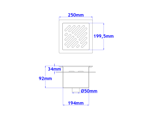 Sifone a pavimento con coperchio di 5mm MODELLO FORATO (CARRABILE) con flangia per impermeabilizzazione 250x250x92mm INOX Ø50mm verticale