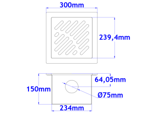 Sifone a pavimento con coperchio di 5mm  MODELLO FORATO (CARRABILE) 300x300x150mm INOX Ø75mm orizzontale