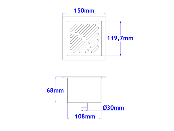 Sifone a pavimento con coperchio di 5mm  MODELLO FORATO (CARRABILE) 150x150x68mm INOX Ø30mm verticale