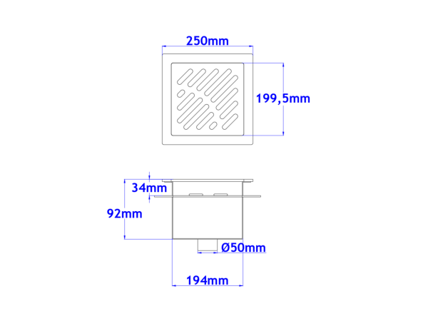 Sifone a pavimento con coperchio di 5mm MODELLO FORATO (CARRABILE) con flangia per impermeabilizzazione 250x250x92mm INOX Ø50mm verticale