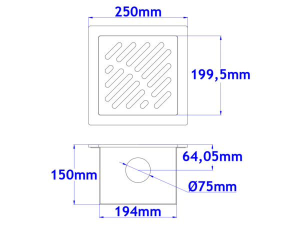 Sifone a pavimento con coperchio di 5mm  MODELLO FORATO (CARRABILE) 250x250x150mm INOX Ø75mm orizzontale