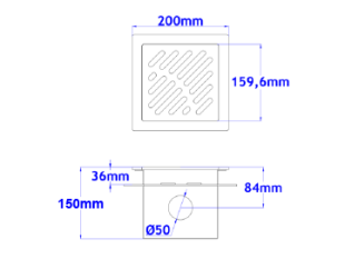 Talni sifon komplet s čelno ploščo debeline 5mm s PERFORIRANIM VZORCEM (AVTOPOVOZNO) in prirobnico za hidroizolacijo 200x200x150mm INOX Ø50mm horizontalno