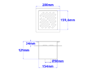 Talni sifon komplet s čelno ploščo debeline 5mm s PERFORIRANIM VZORCEM (AVTOPOVOZNO) in prirobnico za hidroizolacijo 200x200x121mm INOX Ø50mm vertikalno