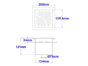 Talni sifon komplet s čelno ploščo debeline 5mm s PERFORIRANIM VZORCEM (AVTOPOVOZNO) in prirobnico za hidroizolacijo 200x200x121mm INOX Ø75mm vertikalno