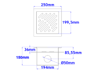 Talni sifon komplet s čelno ploščo debeline 5mm s PERFORIRANIM VZORCEM (AVTOPOVOZNO) in prirobnico za hidroizolacijo 250x250x150mm INOX Ø50mm horizontalno