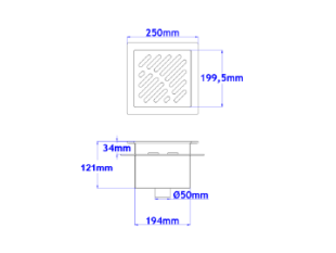 Talni sifon komplet s čelno ploščo debeline 5mm s PERFORIRANIM VZORCEM (AVTOPOVOZNO) in prirobnico za hidroizolacijo 250x250x121mm INOX Ø50mm vertikalno