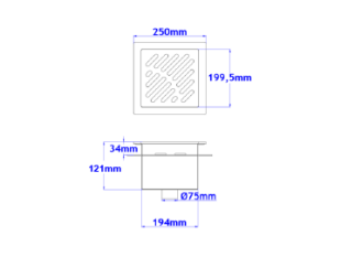 Talni sifon komplet s čelno ploščo debeline 5mm s PERFORIRANIM VZORCEM (AVTOPOVOZNO) in prirobnico za hidroizolacijo 250x250x121mm INOX Ø75mm vertikalno