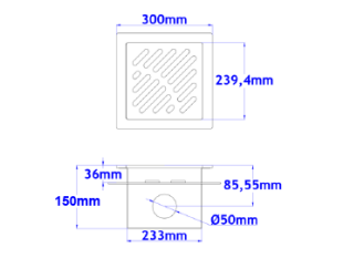 Talni sifon komplet s čelno ploščo debeline 5mm s PERFORIRANIM VZORCEM (AVTOPOVOZNO) in prirobnico za hidroizolacijo 300x300x150mm INOX Ø50mm horizontalno