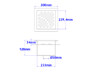 Talni sifon komplet s čelno ploščo debeline 5mm s PERFORIRANIM VZORCEM (AVTOPOVOZNO) in prirobnico za hidroizolacijo 300x300x128mm INOX Ø50mm vertikalno