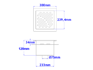 Talni sifon komplet s čelno ploščo debeline 5mm s PERFORIRANIM VZORCEM (AVTOPOVOZNO) in prirobnico za hidroizolacijo 300x300x128mm INOX Ø75mm vertikalno