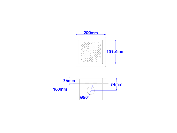 Talni sifon komplet s čelno ploščo debeline 5mm s PERFORIRANIM VZORCEM (AVTOPOVOZNO) in prirobnico za hidroizolacijo 200x200x150mm INOX Ø50mm horizontalno