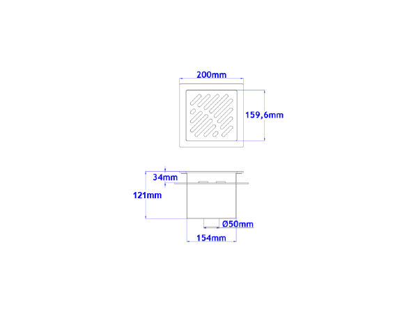 Talni sifon komplet s čelno ploščo debeline 5mm s PERFORIRANIM VZORCEM (AVTOPOVOZNO) in prirobnico za hidroizolacijo 200x200x121mm INOX Ø50mm vertikalno