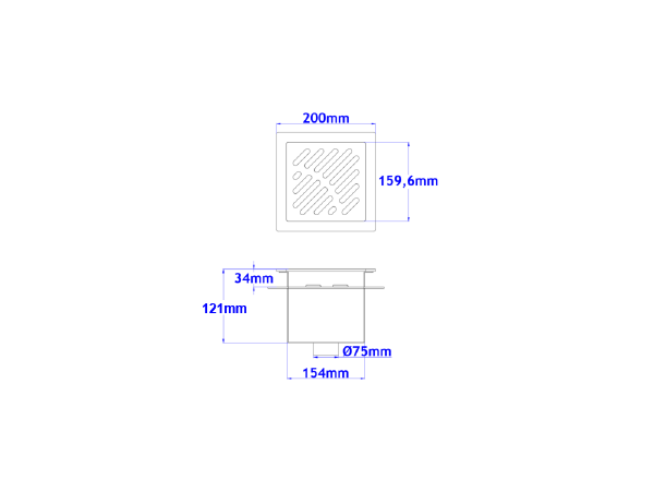 Talni sifon komplet s čelno ploščo debeline 5mm s PERFORIRANIM VZORCEM (AVTOPOVOZNO) in prirobnico za hidroizolacijo 200x200x121mm INOX Ø75mm vertikalno