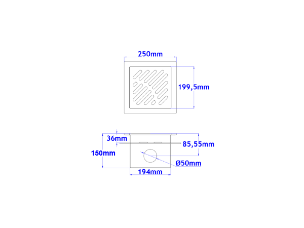 Talni sifon komplet s čelno ploščo debeline 5mm s PERFORIRANIM VZORCEM (AVTOPOVOZNO) in prirobnico za hidroizolacijo 250x250x150mm INOX Ø50mm horizontalno