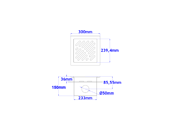 Talni sifon komplet s čelno ploščo debeline 5mm s PERFORIRANIM VZORCEM (AVTOPOVOZNO) in prirobnico za hidroizolacijo 300x300x150mm INOX Ø50mm horizontalno