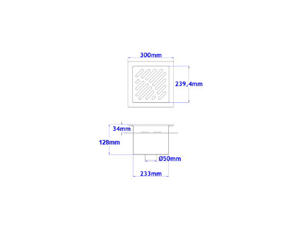 Talni sifon komplet s čelno ploščo debeline 5mm s PERFORIRANIM VZORCEM (AVTOPOVOZNO) in prirobnico za hidroizolacijo 300x300x128mm INOX Ø50mm vertikalno