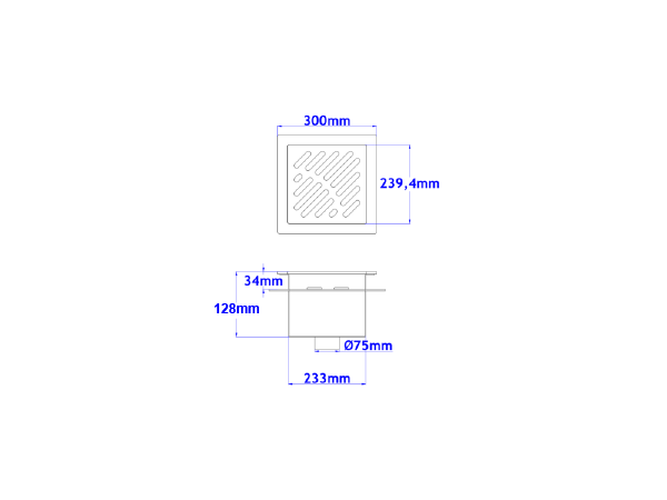 Talni sifon komplet s čelno ploščo debeline 5mm s PERFORIRANIM VZORCEM (AVTOPOVOZNO) in prirobnico za hidroizolacijo 300x300x128mm INOX Ø75mm vertikalno